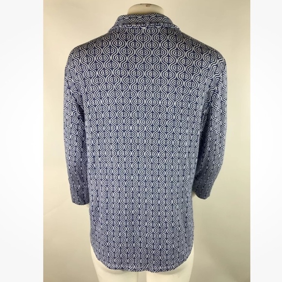 J. McLaughlin Sz M Linen Blend Button Top Blue Geometric Print Casual Travel - Picture 4 of 6